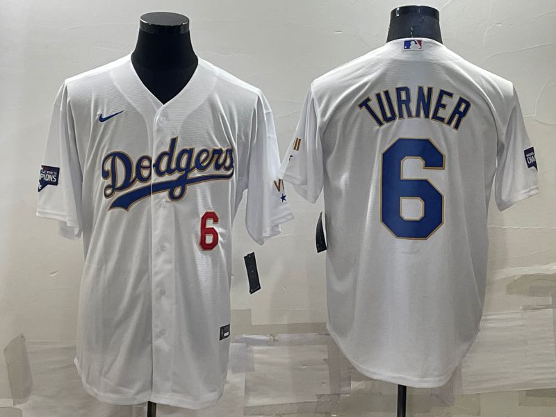 Men Los Angeles Dodgers 6 Turner White Gold Game 2022 Nike MLB Jersey1